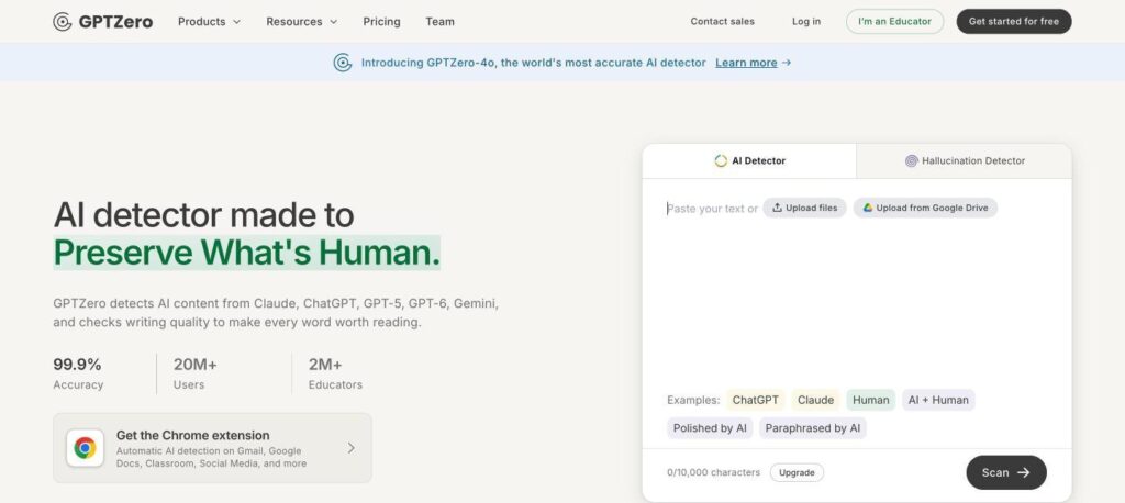 GPTZero homepage preview screenshot