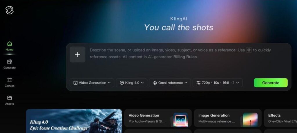 Kling AI homepage screenshot