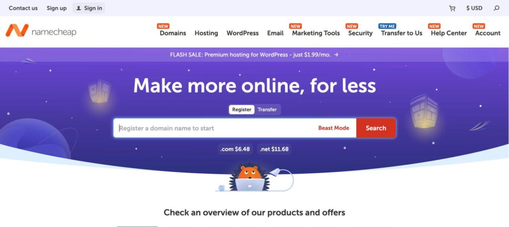 Namecheap homepage screenshot